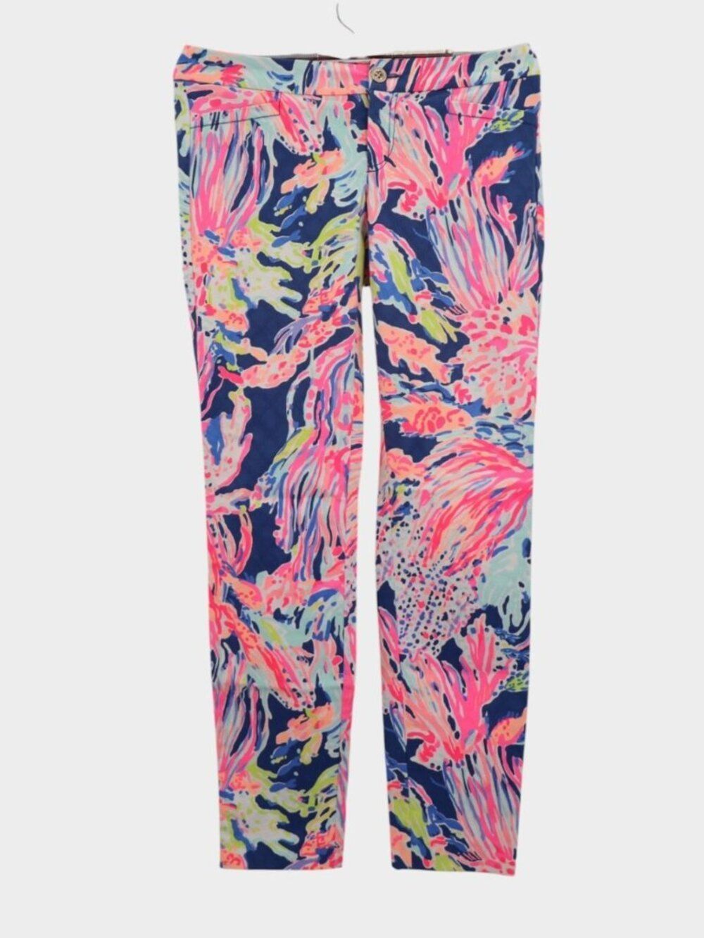 Lilly Pulitzer Kelly Navy Pink Coral Reef Tropical Print Skinny Pants Size 00